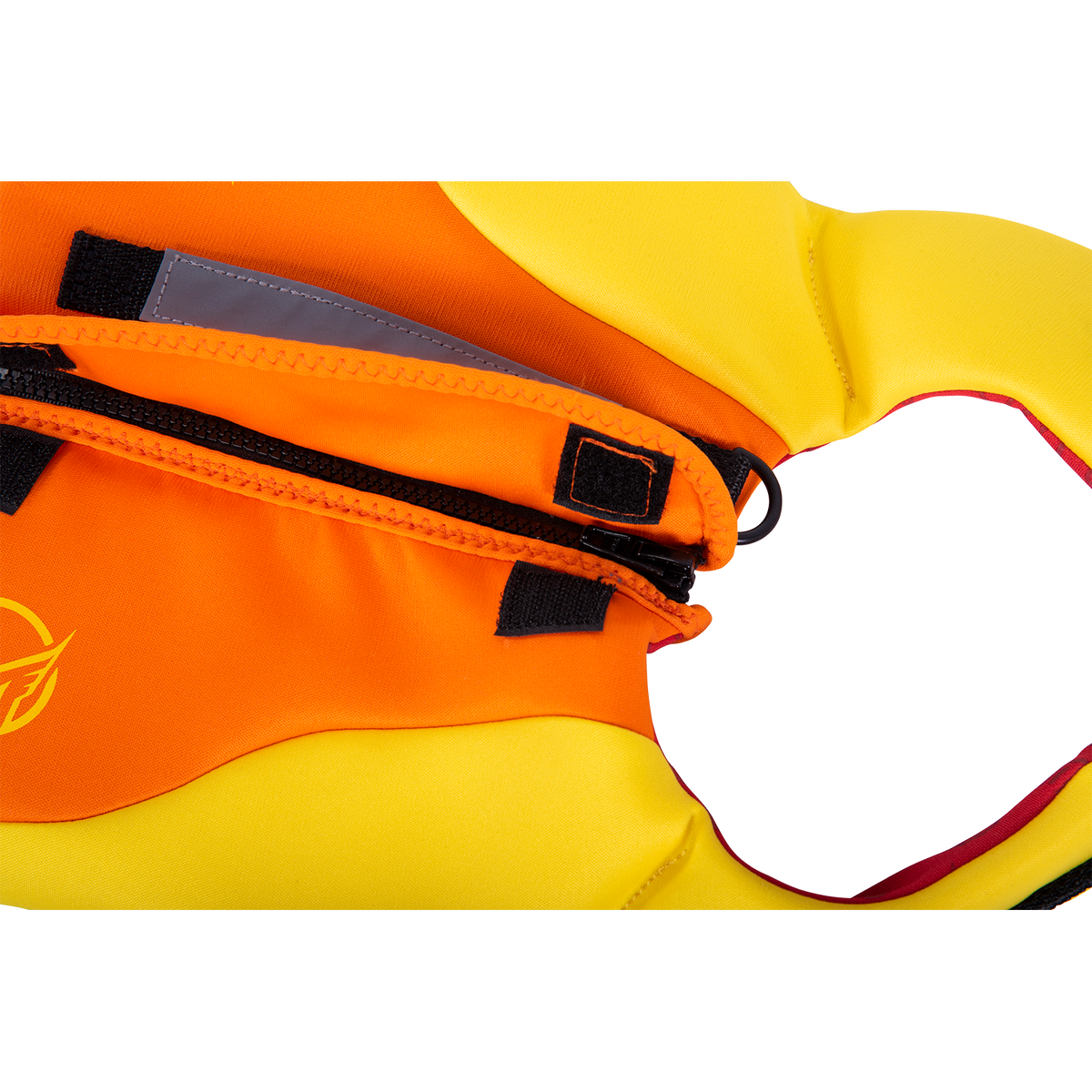 Close-up of the Sage Neo Dog Vest in yellow and orange, showing the zippered pocket with a black zipper and Velcro closure.