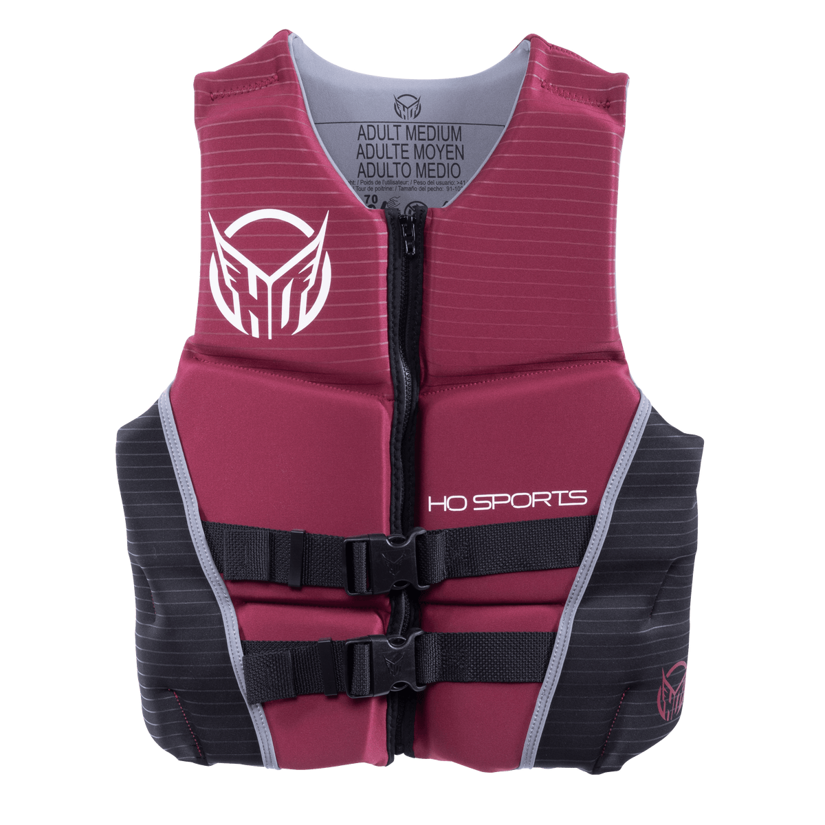Front view of the Men‚Äôs System life vest in burgundy and black with a zippered closure, dual buckles, and white branding.