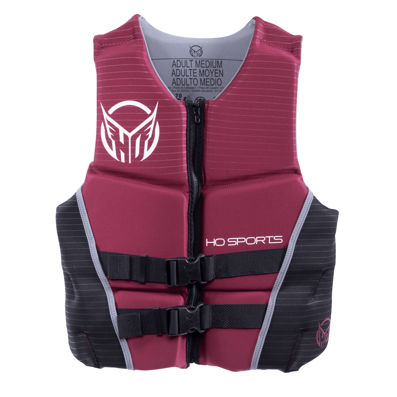 Front view of the Men‚Äôs System life vest in burgundy and black with a zippered closure, dual buckles, and white branding.