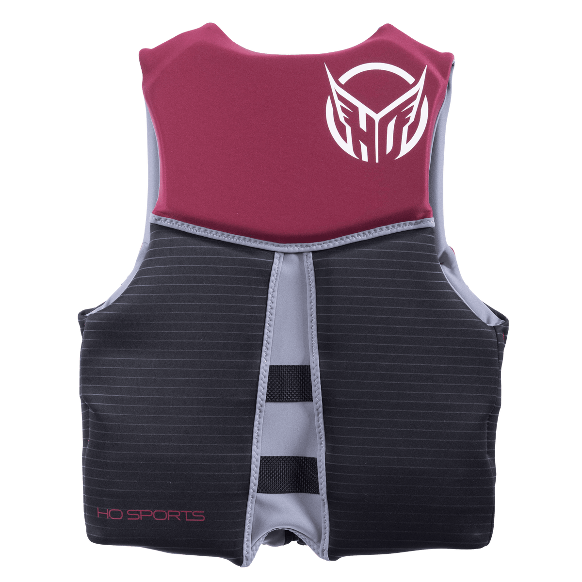 Back view of the Men‚Äôs System life vest featuring a burgundy upper panel, black lower section, and white HO Sports logo.