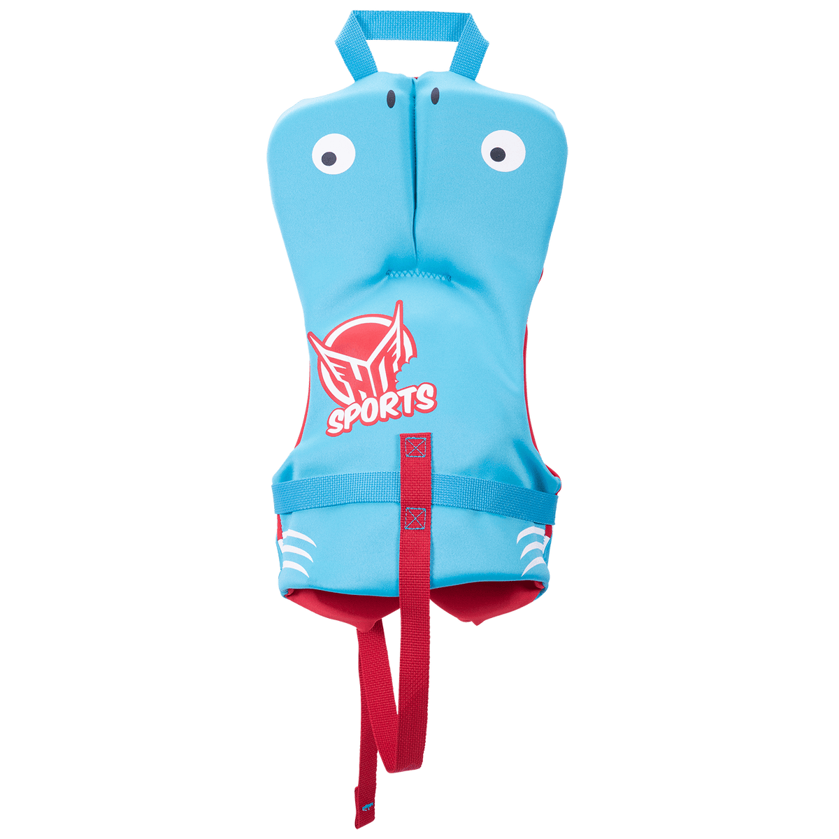 Back view of the Toddler Pursuit vest, featuring a blue design with eyes and a secure strap system.