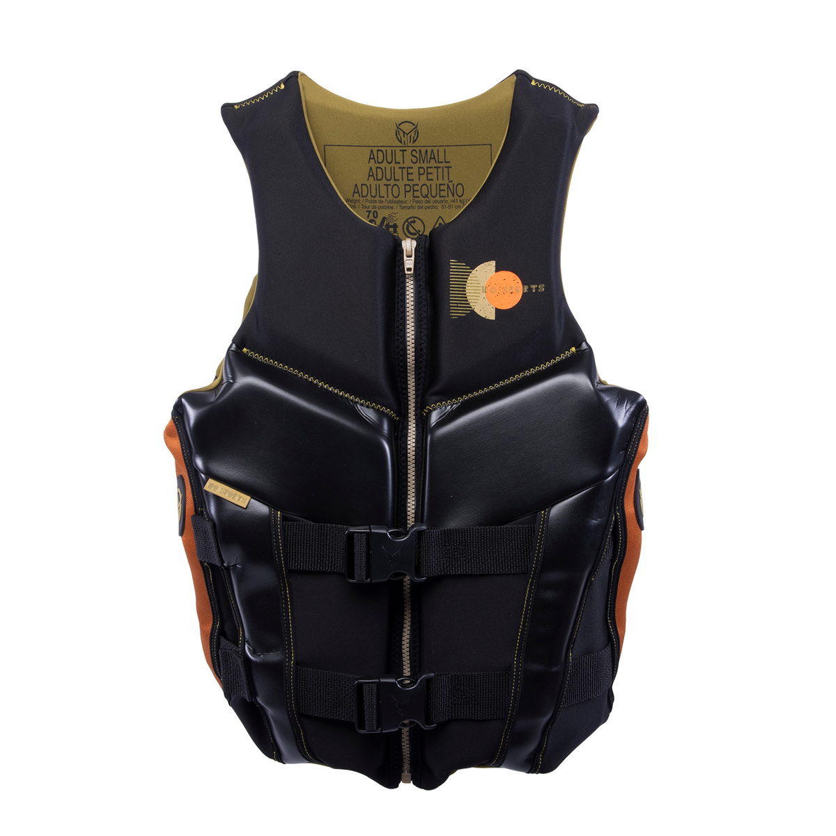 Front view of Womens Phoenix vest in black with metallic paneling, zippered closure, black straps, and orange side accents.