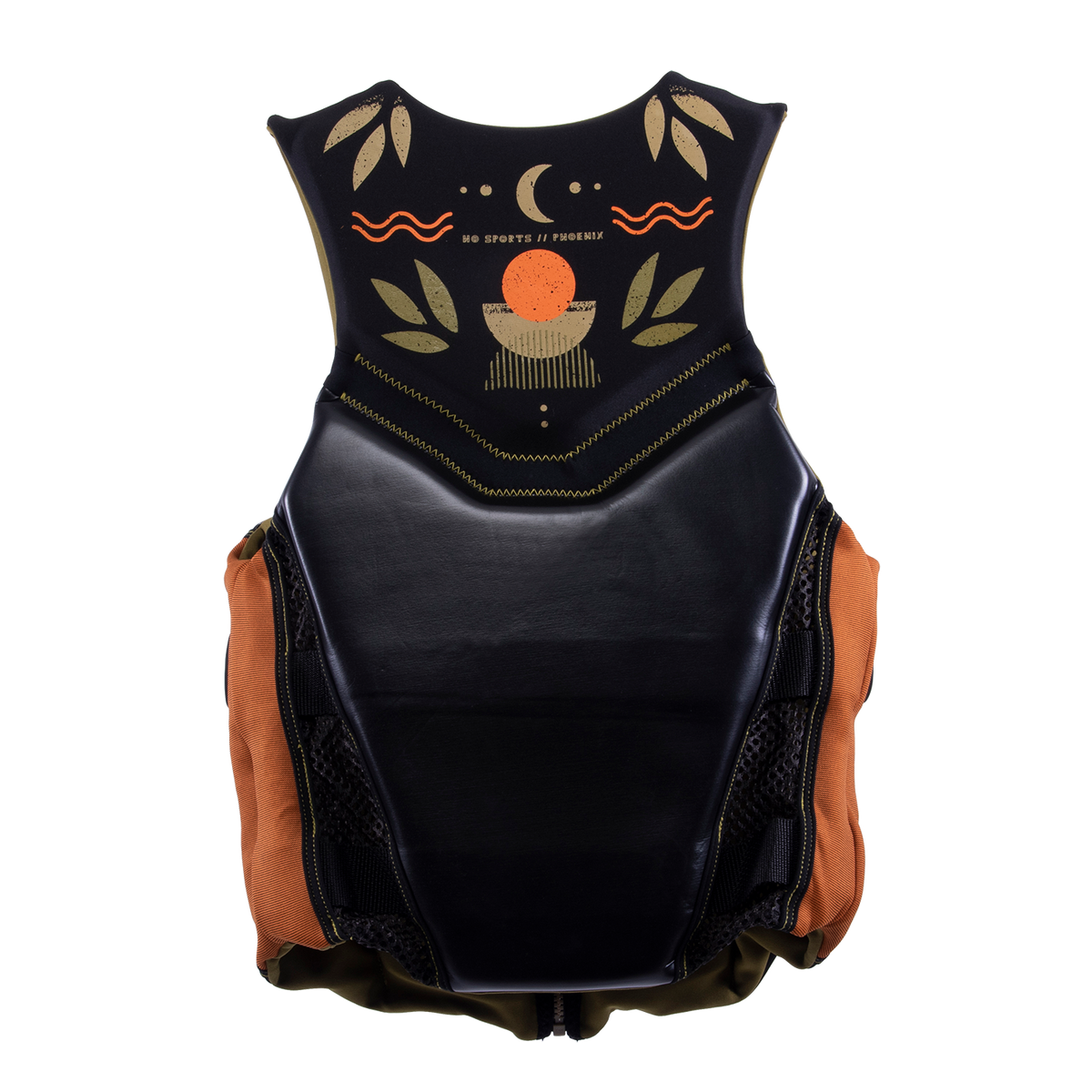 Back view of Womens Phoenix vest in black with gold and orange celestial graphics, metallic paneling, and orange accents.