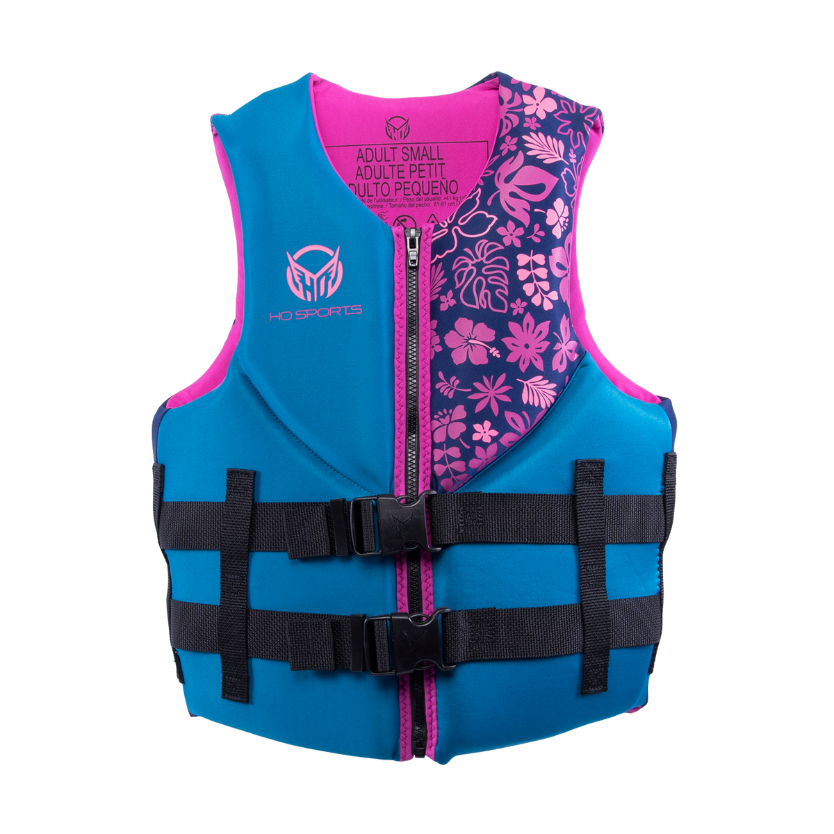 Front view of Womens Pursuit life vest in blue with pink floral accents, a zippered closure, and dual black straps.