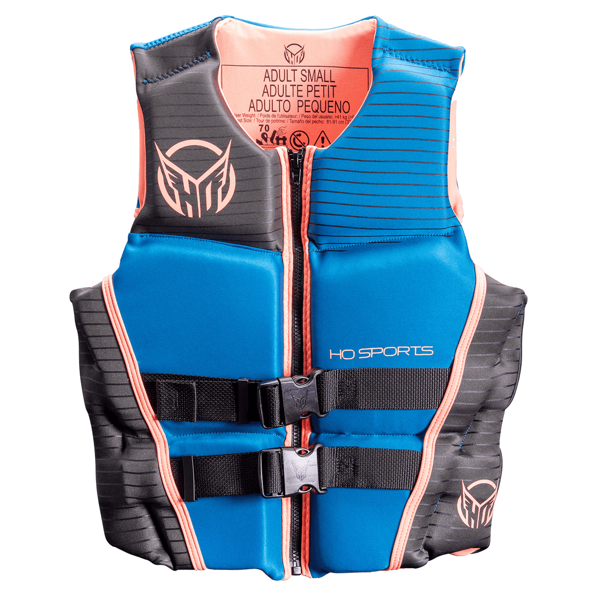 Front view of Womens System life vest in blue with black and coral accents, a zippered closure, and dual black straps.