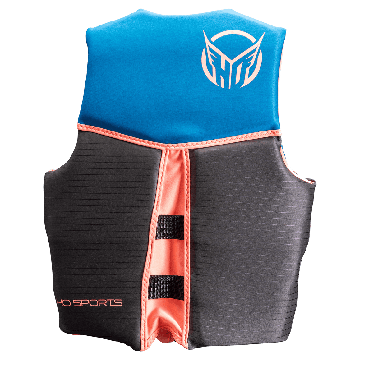 Back view of Womens System life vest in blue and black with coral trim and a bold HO Sports logo.