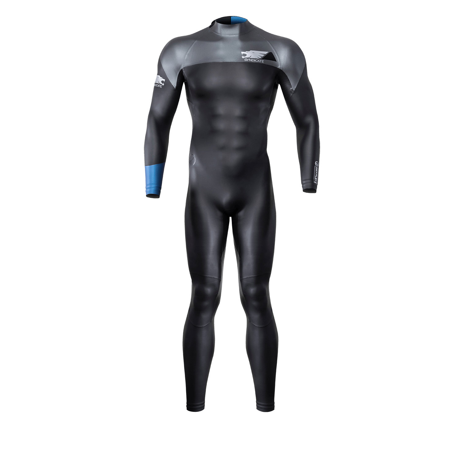 Front view of the Syndicate Dry-Flex Wetsuit, featuring a black and gray design with blue accents and a high-performance fit.