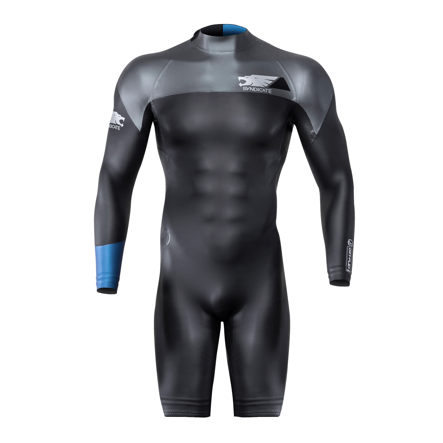 Front view of the Syndicate Dry-Flex Wetsuit Shorty, featuring a black and gray design with blue sleeve accents.