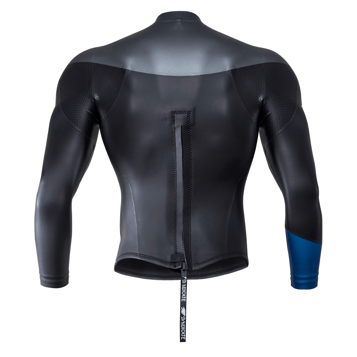 Back view of the Syndicate Dry-Flex Wetsuit Top, highlighting the zippered closure, textured shoulder panel, and blue sleeve.