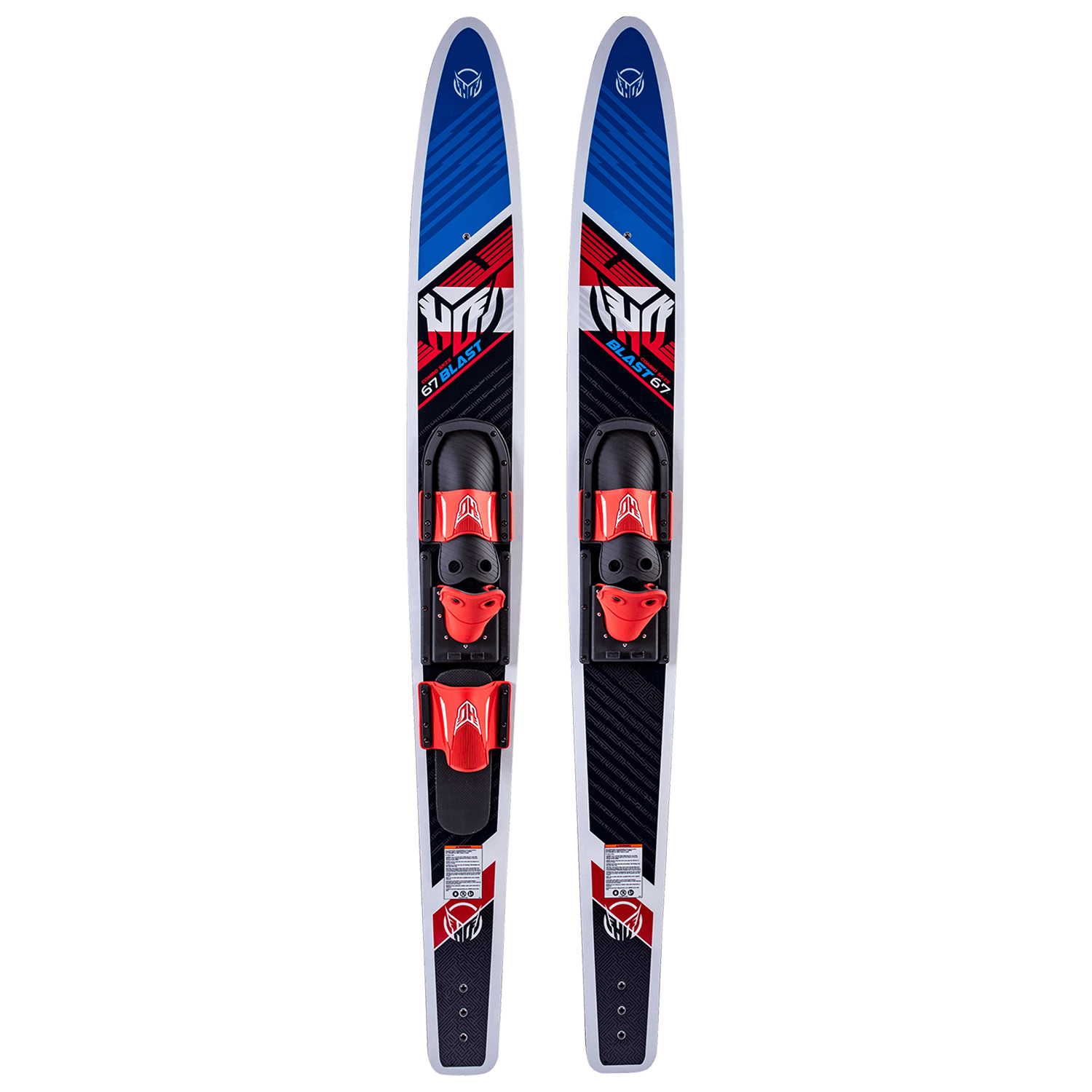 Top view of a pair of Blast Combo waterskis with a red, black, and blue design, featuring red bindings.