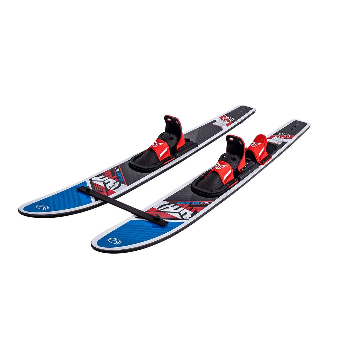 Angled side view of the Blast Combo waterskis, showing red bindings and a black stabilizer bar.
