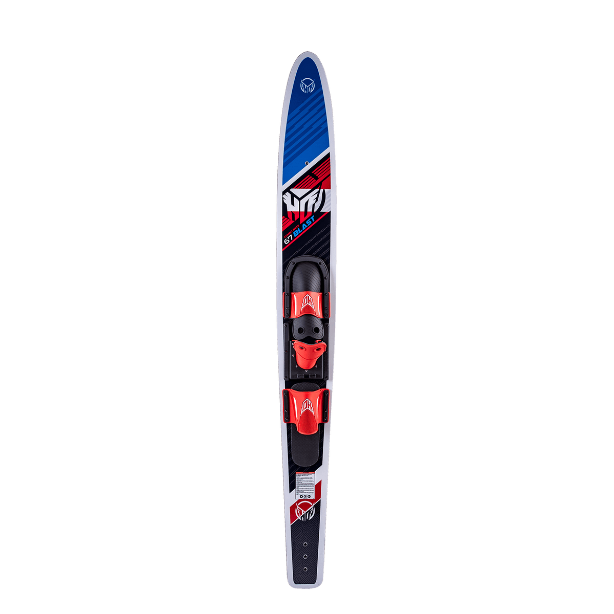 Top view of a single Blast Combo waterski with red bindings and a red, black, and blue design.