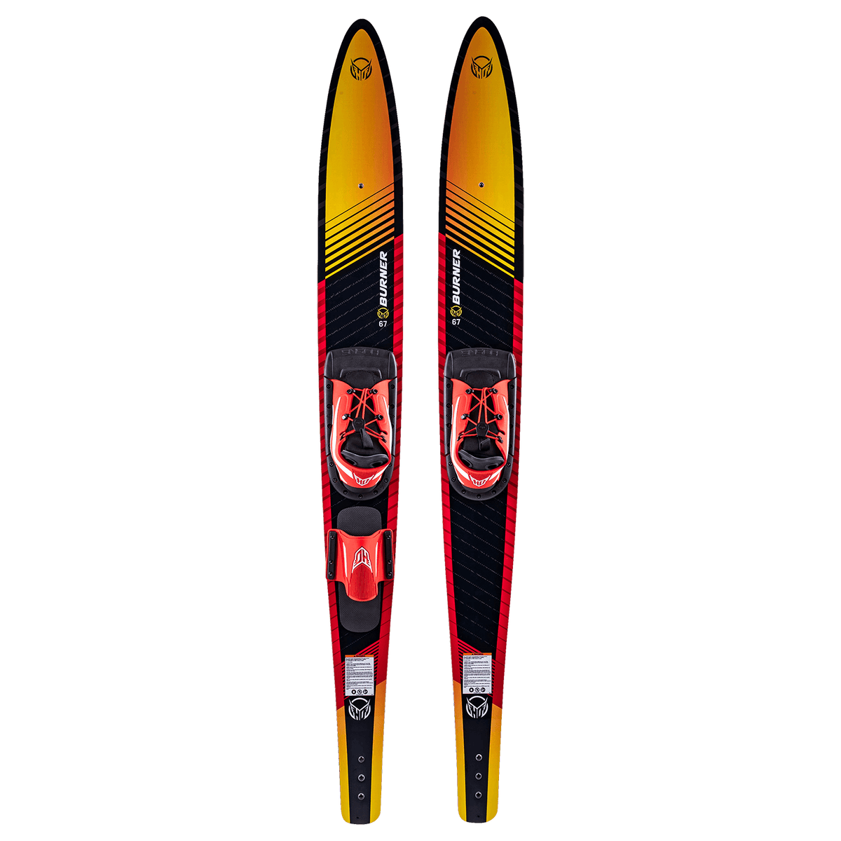 Top view of Burner Combos waterskis, showing Blaze boots and ski details.