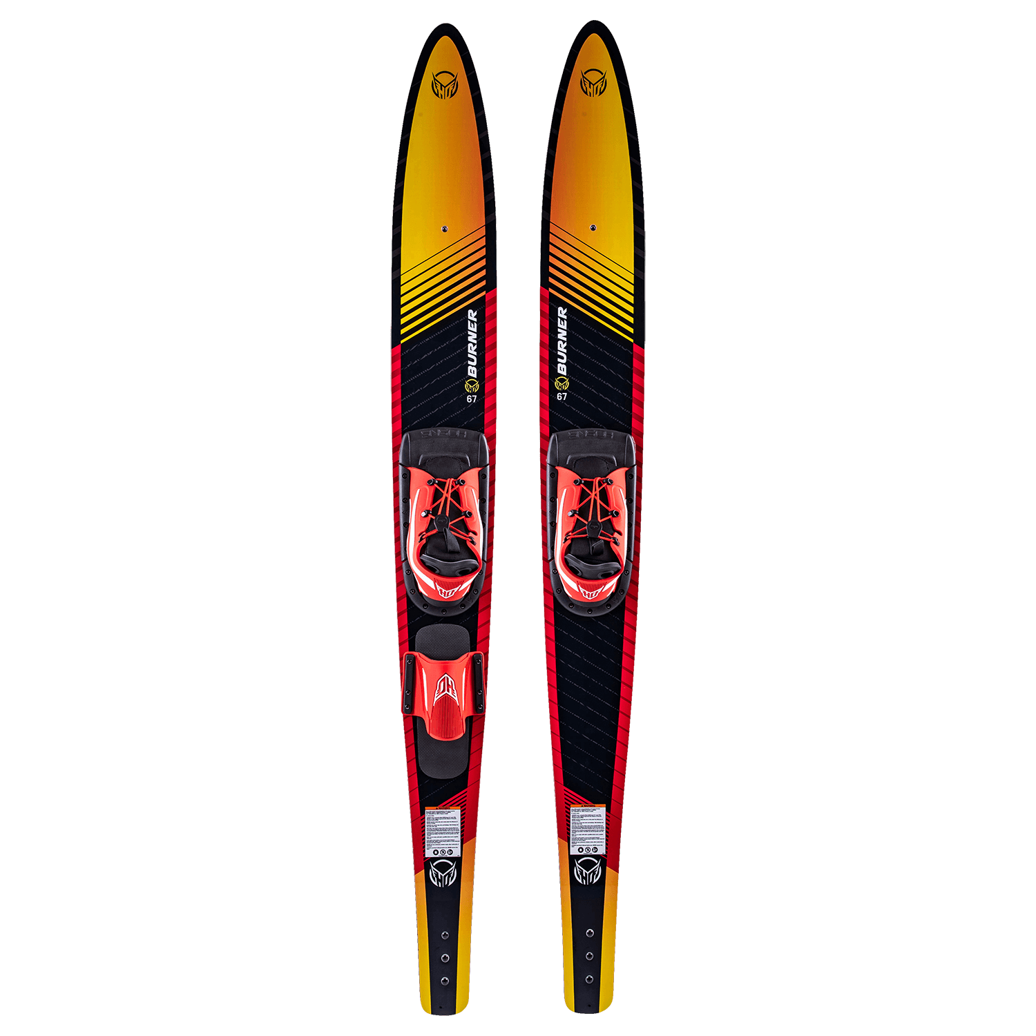 Top view of Burner Combos waterskis, showing Blaze boots and ski details.