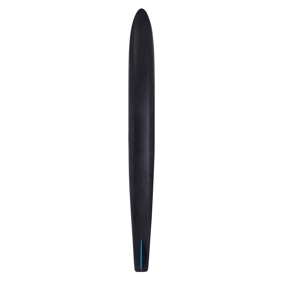 Bottom view of the Excel Combos waterski, showing a sleek black design with a narrow tail.